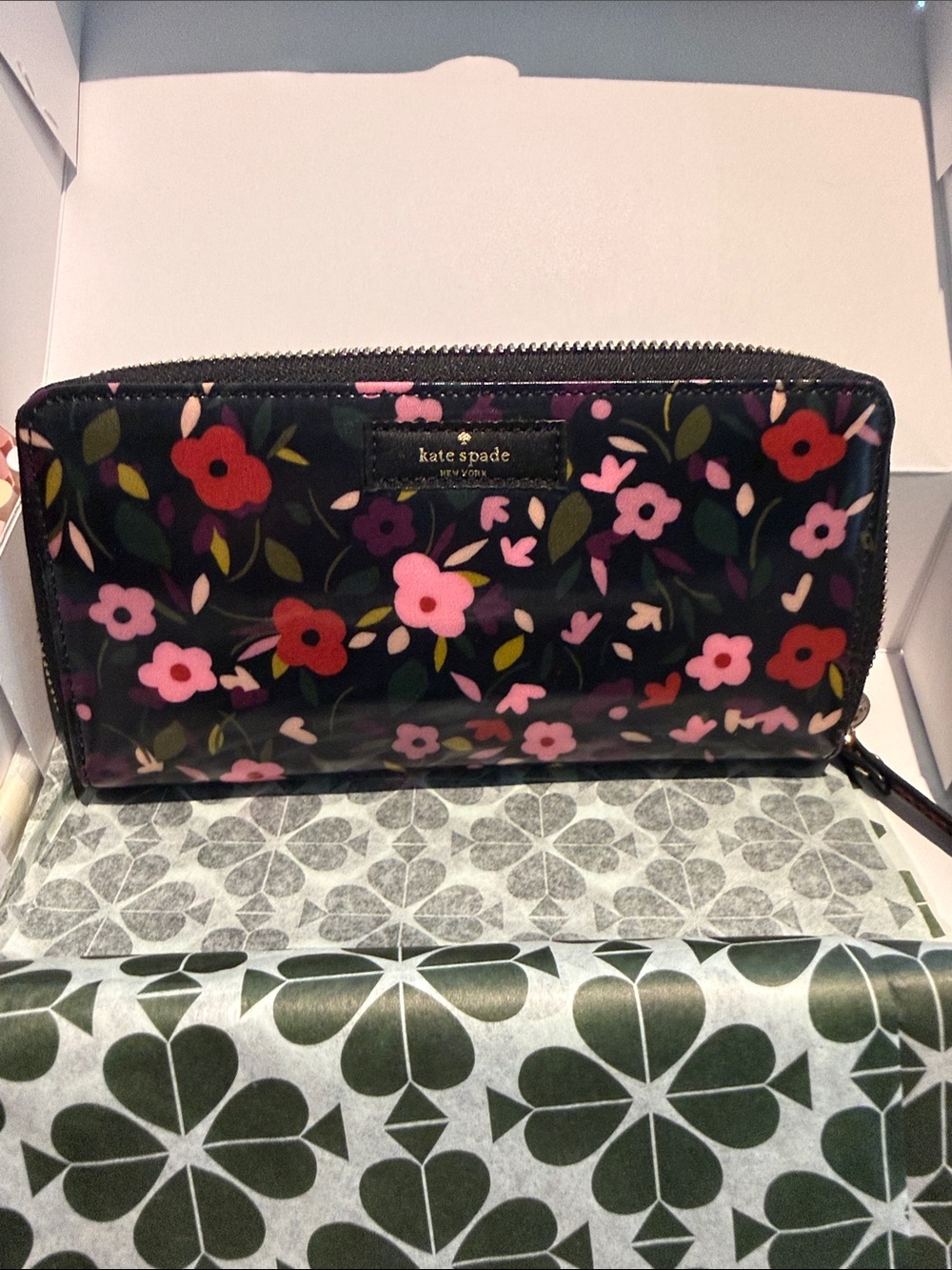 Kate Spade Black Floral Wallet w/ Pink & Red Blooms